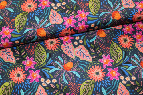 Designerbaumwollstoff Bahia Flora on dark blue (10 cm)